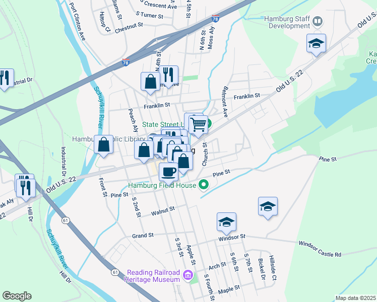 map of restaurants, bars, coffee shops, grocery stores, and more near 450 State Street in Hamburg
