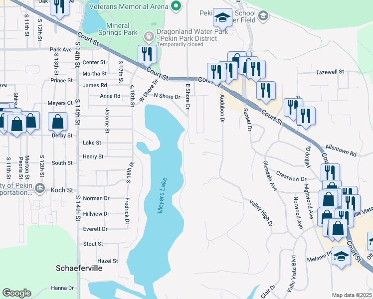 map of restaurants, bars, coffee shops, grocery stores, and more near 10 Rosewood Ln in Pekin