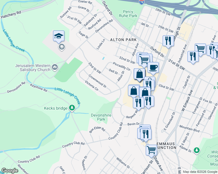 map of restaurants, bars, coffee shops, grocery stores, and more near 1738 Crownwood Street in Allentown