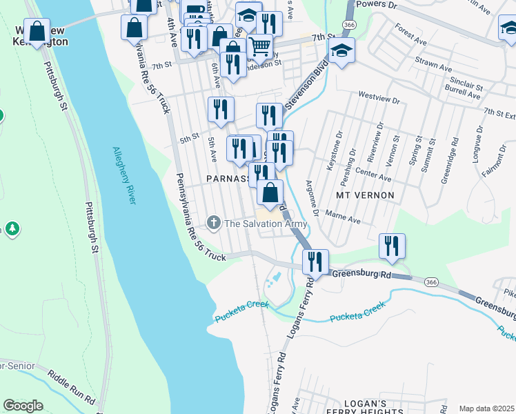 map of restaurants, bars, coffee shops, grocery stores, and more near 310 Main Street in New Kensington