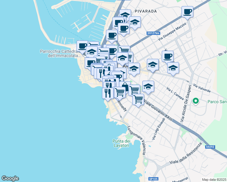 map of restaurants, bars, coffee shops, grocery stores, and more near 24 Via Fratelli Kennedy in Alghero