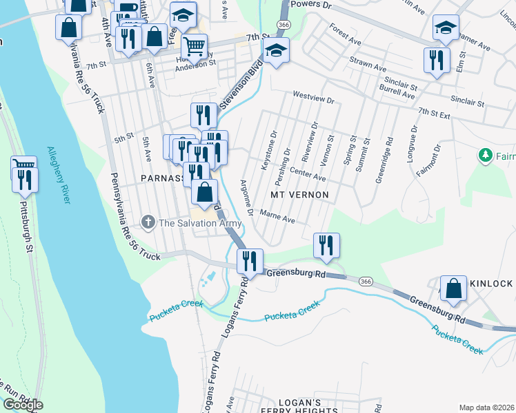 map of restaurants, bars, coffee shops, grocery stores, and more near 306 Keystone Drive in New Kensington