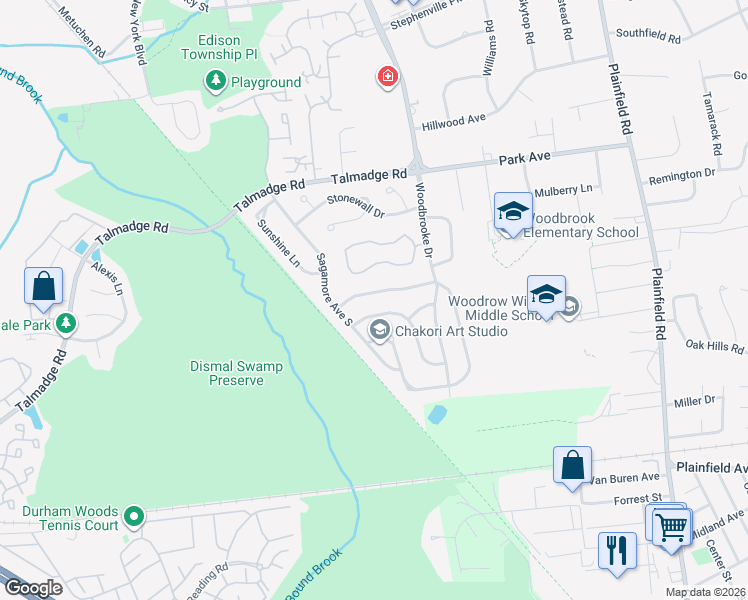 map of restaurants, bars, coffee shops, grocery stores, and more near 15 Woodbury Road in Edison