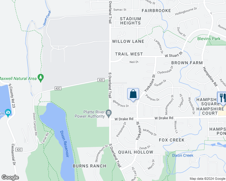 map of restaurants, bars, coffee shops, grocery stores, and more near 2424 South Overland Trail in Fort Collins