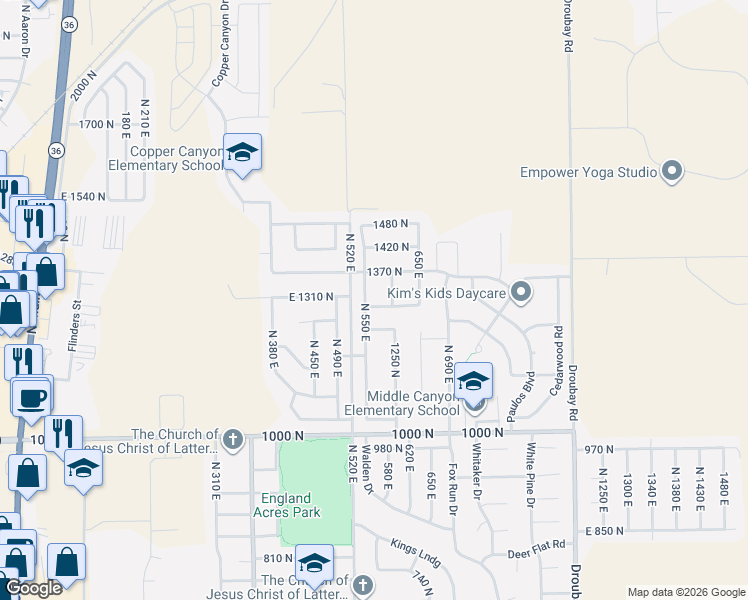 map of restaurants, bars, coffee shops, grocery stores, and more near 1313 North 590 East in Tooele