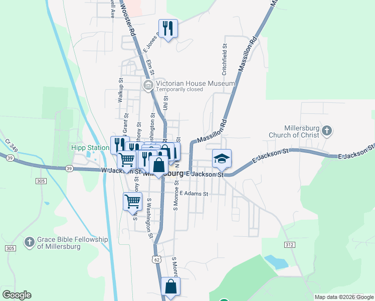 map of restaurants, bars, coffee shops, grocery stores, and more near 112 North Crawford Street in Millersburg