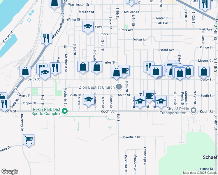 map of restaurants, bars, coffee shops, grocery stores, and more near 400 Herman Street in Pekin