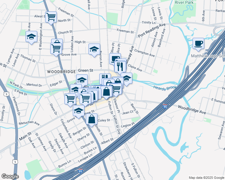 map of restaurants, bars, coffee shops, grocery stores, and more near 34 Main Street in Woodbridge Township