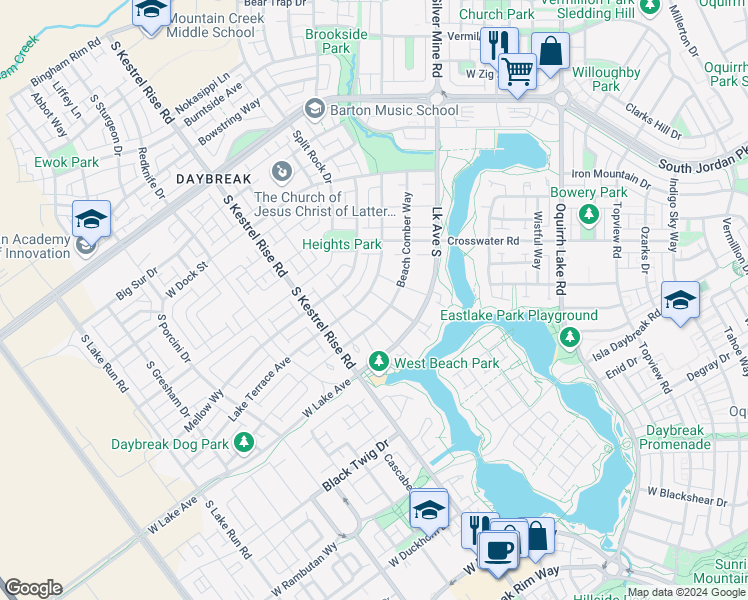 map of restaurants, bars, coffee shops, grocery stores, and more near 10783 Lake Terrace Avenue in South Jordan