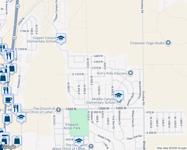map of restaurants, bars, coffee shops, grocery stores, and more near 1313 North 590 East in Tooele