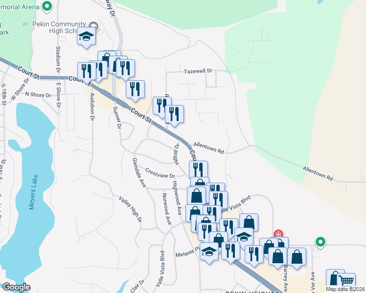 map of restaurants, bars, coffee shops, grocery stores, and more near 1306 Hilltop Drive in Pekin