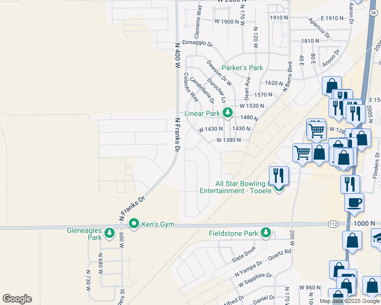 map of restaurants, bars, coffee shops, grocery stores, and more near 355 Lauren Lane in Tooele