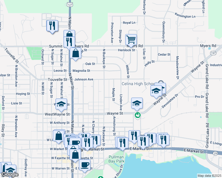 map of restaurants, bars, coffee shops, grocery stores, and more near 623 Maple Street in Celina