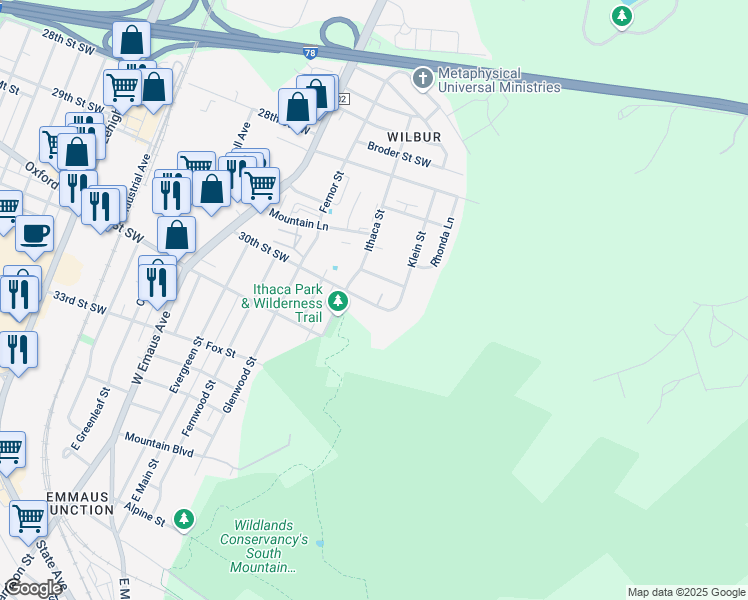 map of restaurants, bars, coffee shops, grocery stores, and more near 2631 30th Street Southwest in Allentown