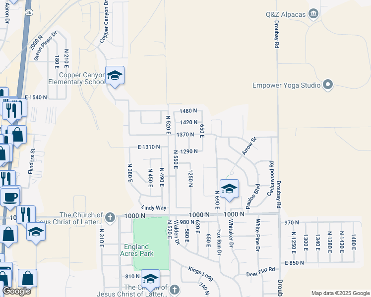 map of restaurants, bars, coffee shops, grocery stores, and more near 1313 North 590 East in Tooele