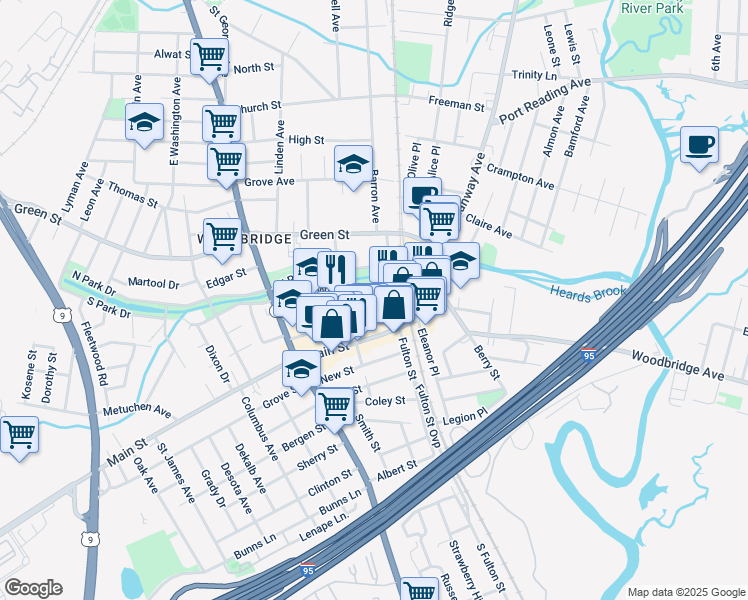 map of restaurants, bars, coffee shops, grocery stores, and more near 399 Pearl Street in Woodbridge Township