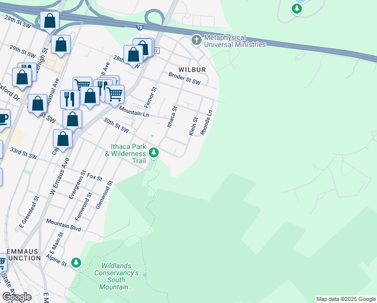 map of restaurants, bars, coffee shops, grocery stores, and more near 2960 Klein Street in Allentown