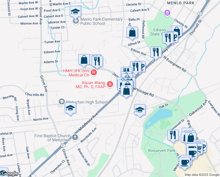 map of restaurants, bars, coffee shops, grocery stores, and more near 2 Lincoln Highway in Edison