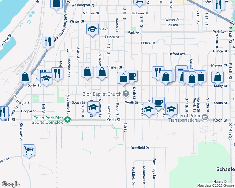 map of restaurants, bars, coffee shops, grocery stores, and more near 1403 Bacon Street in Pekin