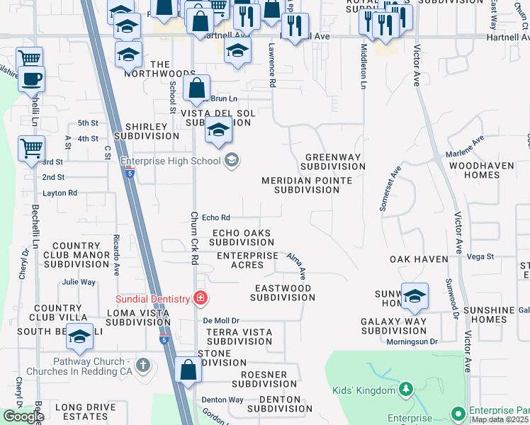map of restaurants, bars, coffee shops, grocery stores, and more near 3489 Odin Court in Redding