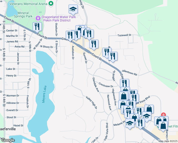 map of restaurants, bars, coffee shops, grocery stores, and more near 2117 Sunset Drive in Pekin