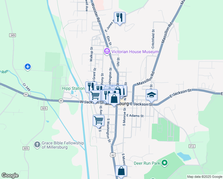 map of restaurants, bars, coffee shops, grocery stores, and more near 62 West Clinton Street in Millersburg