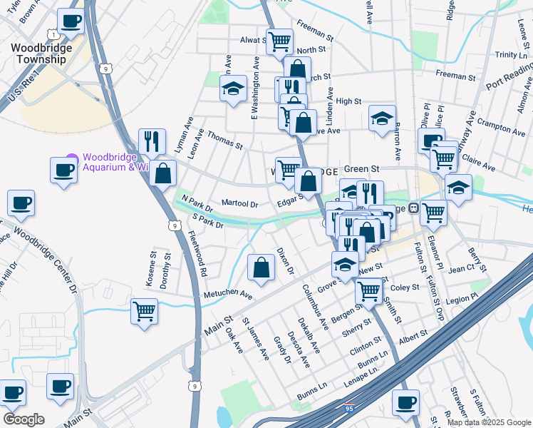 map of restaurants, bars, coffee shops, grocery stores, and more near 212 North Park Drive in Woodbridge Township