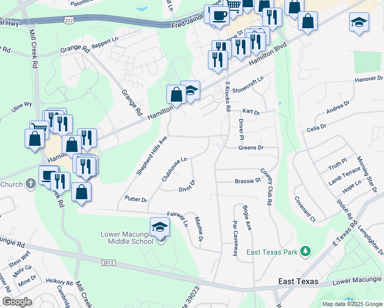 map of restaurants, bars, coffee shops, grocery stores, and more near 5899 Clubhouse Lane in Wescosville