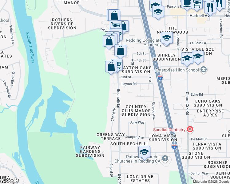map of restaurants, bars, coffee shops, grocery stores, and more near 3572 Bechelli Lane in Redding
