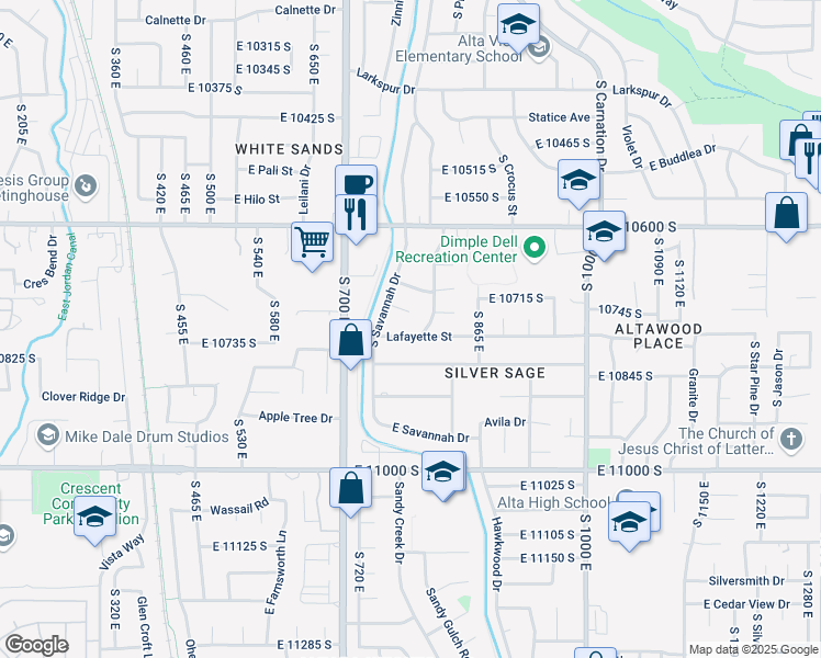 map of restaurants, bars, coffee shops, grocery stores, and more near 777 Lafayette Street in Sandy