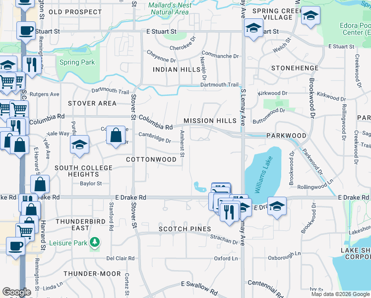 map of restaurants, bars, coffee shops, grocery stores, and more near 2418 Amherst Street in Fort Collins
