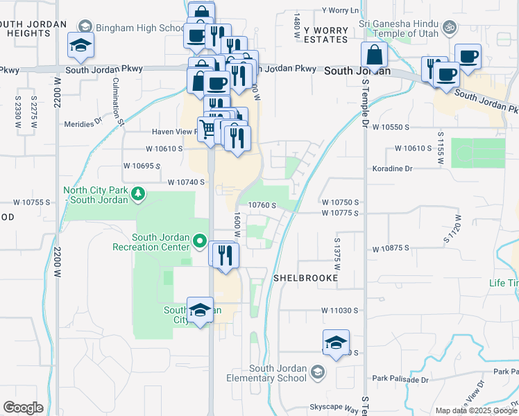 map of restaurants, bars, coffee shops, grocery stores, and more near 1608 Wyngate Park Drive in South Jordan