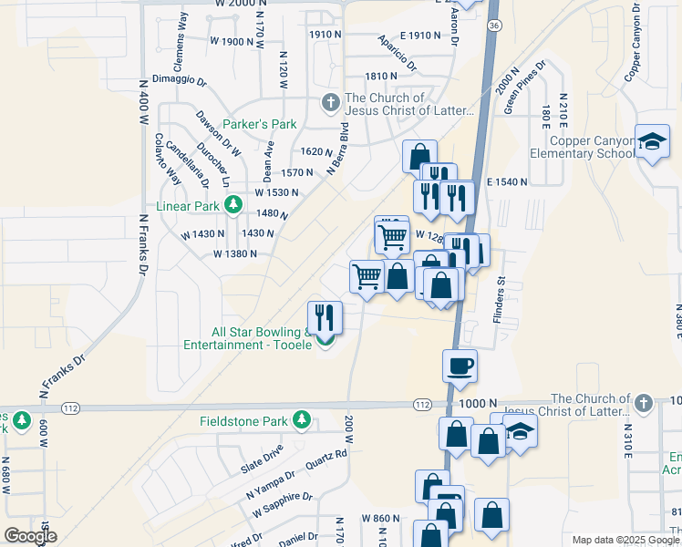 map of restaurants, bars, coffee shops, grocery stores, and more near 232 Fenwick Lane in Tooele