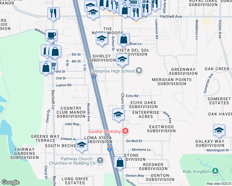 map of restaurants, bars, coffee shops, grocery stores, and more near 3550 Churn Creek Road in Redding