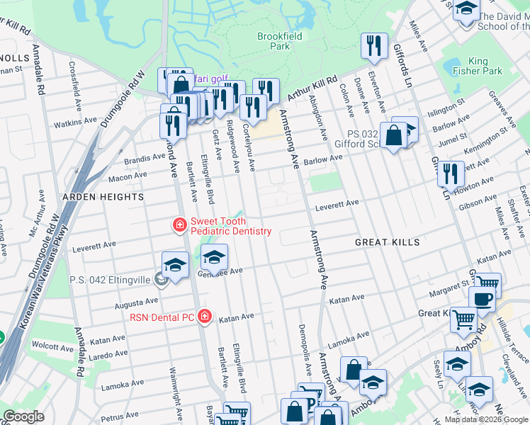 map of restaurants, bars, coffee shops, grocery stores, and more near 522 Leverett Avenue in Staten Island