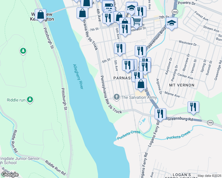 map of restaurants, bars, coffee shops, grocery stores, and more near 327 4th Avenue in New Kensington