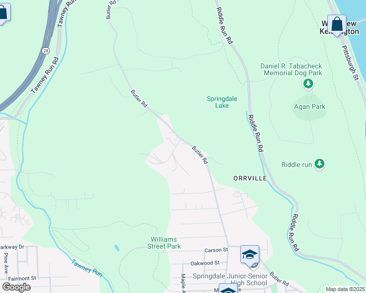 map of restaurants, bars, coffee shops, grocery stores, and more near 582 Shrader Street in Springdale