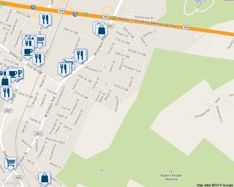 map of restaurants, bars, coffee shops, grocery stores, and more near 2631 30th Street Southwest in Allentown