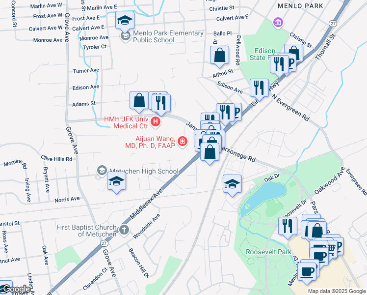 map of restaurants, bars, coffee shops, grocery stores, and more near 2 Lincoln Highway in Edison