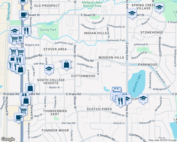 map of restaurants, bars, coffee shops, grocery stores, and more near 836 Vanderbilt Court in Fort Collins