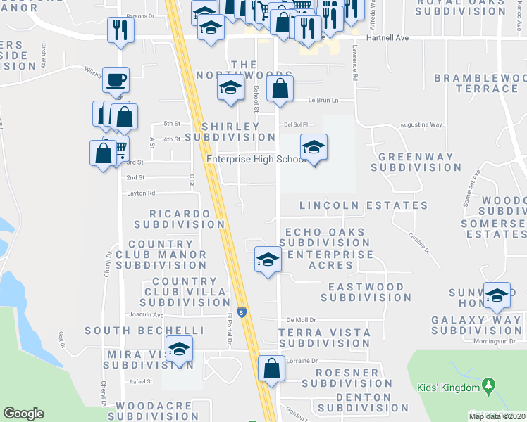 map of restaurants, bars, coffee shops, grocery stores, and more near 3550 Churn Creek Road in Redding