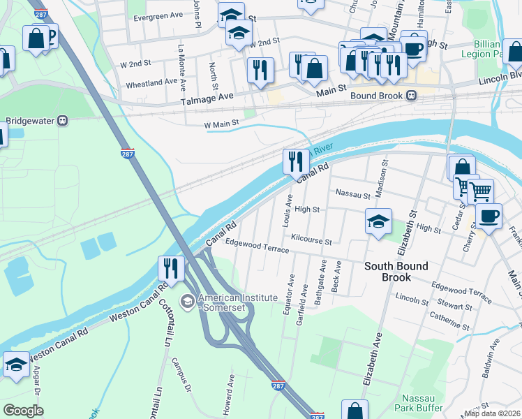 map of restaurants, bars, coffee shops, grocery stores, and more near 105-107 Howard Avenue in South Bound Brook