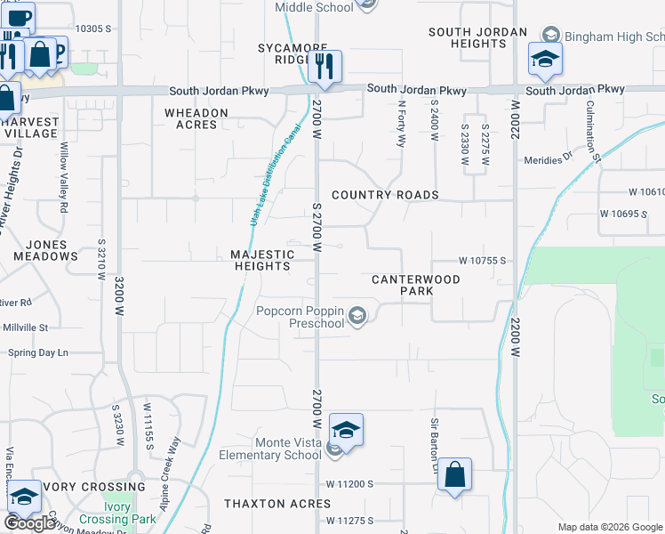 map of restaurants, bars, coffee shops, grocery stores, and more near 2644 Titans Court in South Jordan