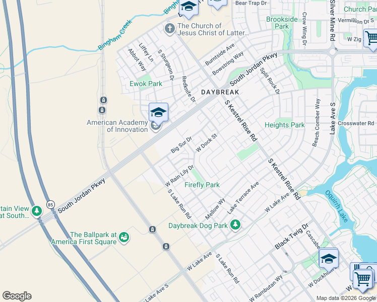 map of restaurants, bars, coffee shops, grocery stores, and more near 10758 South Porcini Drive in South Jordan