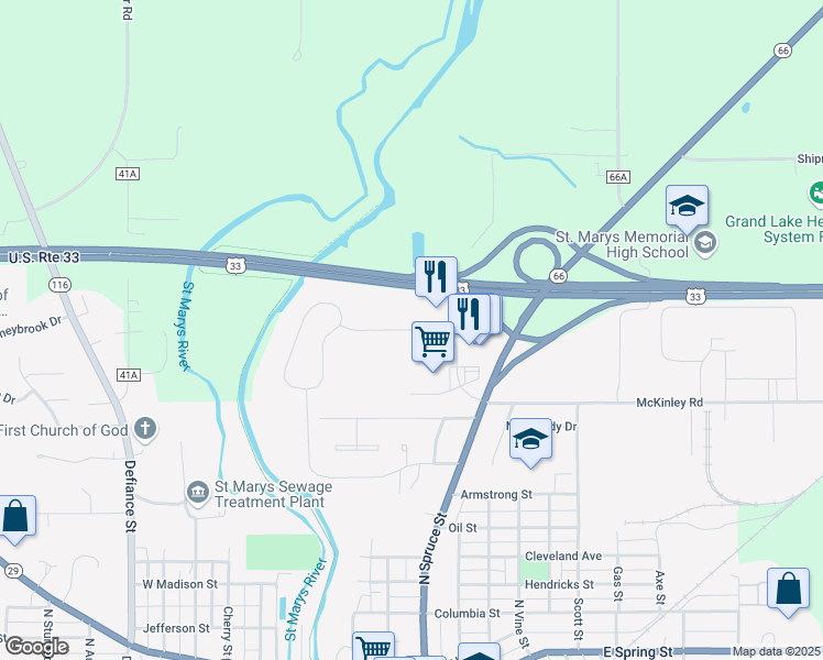 map of restaurants, bars, coffee shops, grocery stores, and more near Fortman Drive in Saint Marys