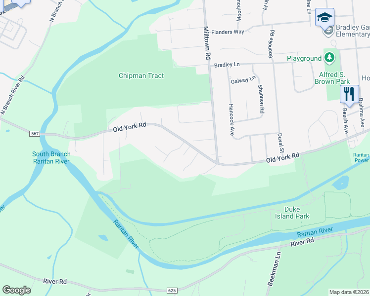 map of restaurants, bars, coffee shops, grocery stores, and more near 263 Old York Road in Bridgewater