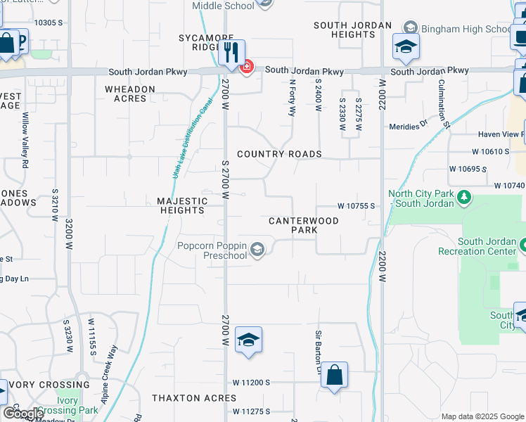 map of restaurants, bars, coffee shops, grocery stores, and more near 2584 Martingale Circle in South Jordan