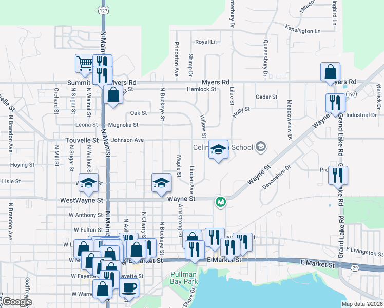 map of restaurants, bars, coffee shops, grocery stores, and more near 649 Linden Avenue in Celina