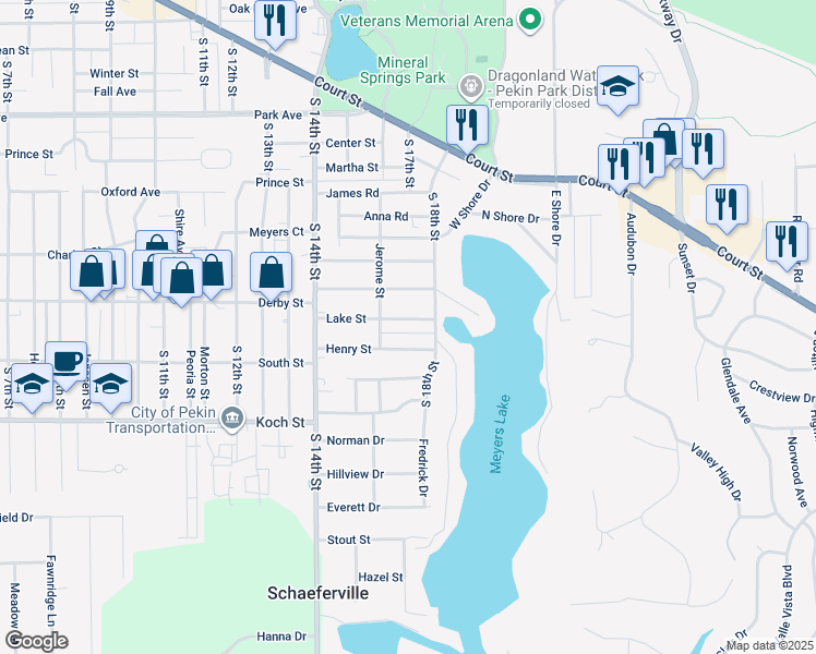 map of restaurants, bars, coffee shops, grocery stores, and more near 1507 Henry Street in Pekin