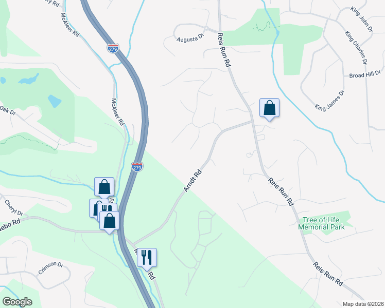 map of restaurants, bars, coffee shops, grocery stores, and more near 1619 Ashwood Court in Pittsburgh